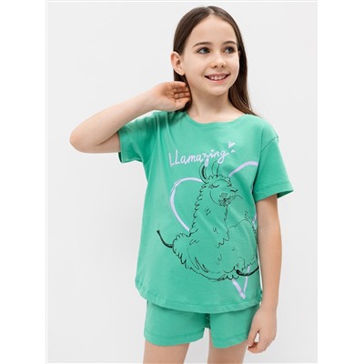 Комплект для девочек (футболка, шорты) в зеленом цвете с принтом