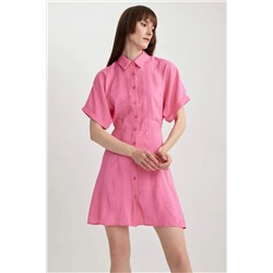 Розовое мини-платье с воротником рубашки из модала с короткими рукавами