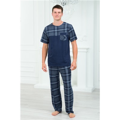 Пижама мужская из футболки с коротким рукавом и брюк из кулирки Макс темно-синяя клетка макси