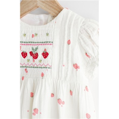 White Embroidered Strawberries Bloomer Romper (0mths-2yrs)