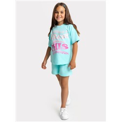 Комплект для девочек (футболка, шорты) бирюзового цвета с принтом