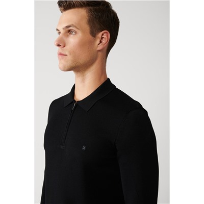 Черный вязаный свитер из искусственного шелка с воротником-поло и молнией, стандартная посадка