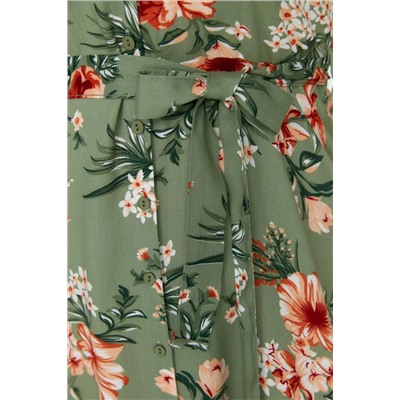 Зеленое тканое платье-рубашка с разрезом и цветочным принтом TBBSS22EL1596