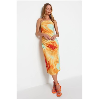 Оранжевое приталенное миди-платье миди на одно плечо с принтом TWOSS23EL01577