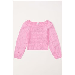 Abercrombie & Fitch Pink Textured Smocked Square Neck Balloon Sleeve Top