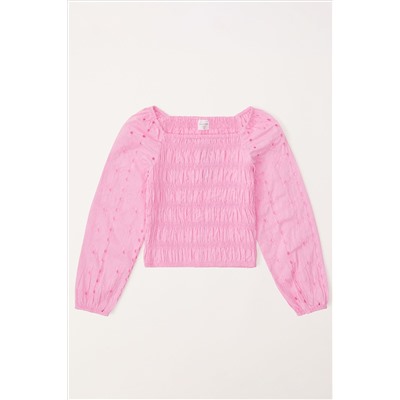 Abercrombie & Fitch Pink Textured Smocked Square Neck Balloon Sleeve Top