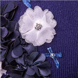 Набор: Шапка вязаная, на завязках, на синтепоне, цветы+шарф, темно-синяя