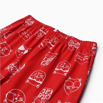 Комплект домашний женский "Котенок в стакане" (футболка/брюки), цвет белый/красный, размер 52