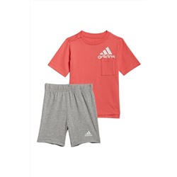 Camiseta y short de algodón orgánico Sport Summer - Coral y gris claro jaspeado