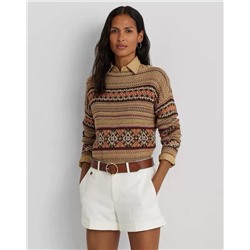 Жаккардовый свитер Fair Isle с круглым вырезом от Ralph Lauren  Пряжа окрашена в 9 различных цветов: кофейный/темно-кофейный/светло-фиолетовый/коричневый/светло-абрикосовый/абрикосовый/синий/оранжевый/темно-фиолетовый. Она полностью соответствует оригинальной индивидуальной процедуре плетения и крашения. На изготовление пряжи уходит не менее 20 дней. красить действительно очень долго и трудоемко!!  Время тратится на повторную корректировку цветов окрашивания. Так много цветов нужно сопоставлять один за другим. Если один цвет неправильный, это повлияет на общее ощущение.  Жаккардовый узор Fair Isle вяжется на ткацком станке Stoll 7, импортированном из Германии. В нем используется оригинальный процесс интарсии из пряжи. Эта часть требует больше всего пряжи и требует больше времени для плетения, чем обычные вязаные свитера.