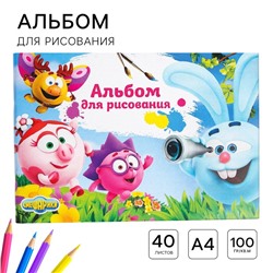 Альбом для рисования А4, 40 листов 100 г/м², на скрепке, Смешарики