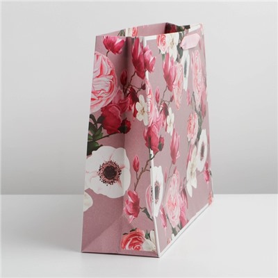 Пакет подарочный ламинированный горизонтальный, упаковка, Flower, L 40 х 31 х 11,5 см