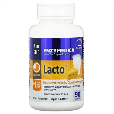 Enzymedica, Lacto, самая продвинутая формула для усвоения молочных продуктов, 90капсул