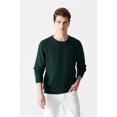 Мужской зеленый жаккардовый свитер с круглым вырезом A12y5214