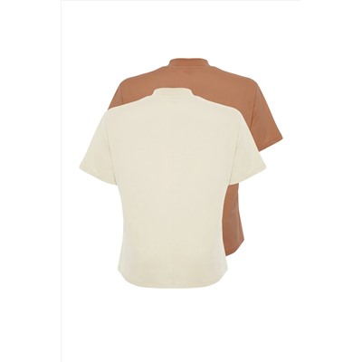 Набор из 2 базовых трикотажных футболок с высоким воротником, бежевый и норковый, из 100 % хлопка TBBSS24BF00027