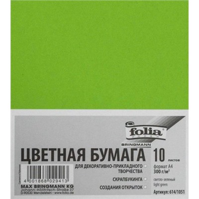 FOLIA Бумага цветная, 300 г/м2, A4, 10 л, светло-зеленый