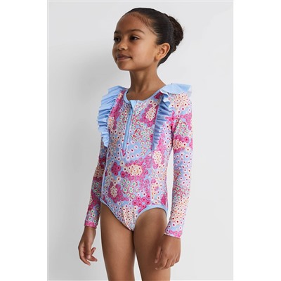 Reiss Poppy Floral Print Ruffle Long Sleeve Swimsuit