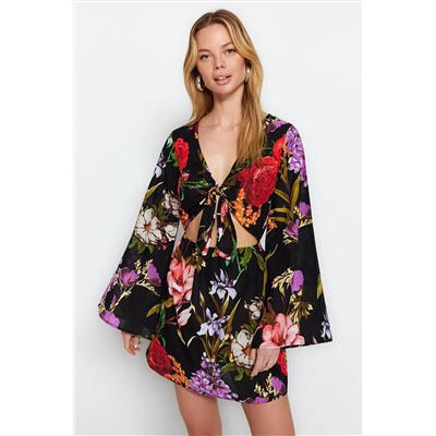 Мини-тканое пляжное платье с цветочным узором и завязками из 100% хлопка TBESS23EL00269