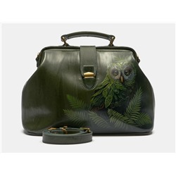 Зелёная кожаная сумка с росписью из натуральной кожи «W0023 Green Сова в папоротнике»