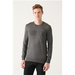 Серый вязаный свитер с круглым вырезом и текстовым слоганом, хлопок, стандартная посадка