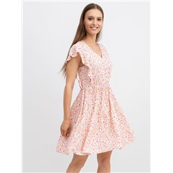 Платье из вискозы с V-образным вырезом молочного цвета в розовый цветочек