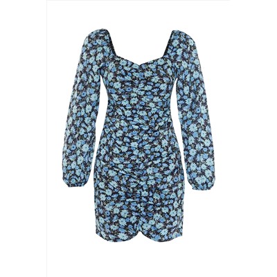 Синее тканое платье с драпировкой и цветочным узором TWOAW23EL00397