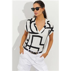 Женская белая блузка с v-образным вырезом с рисунком LPP1217