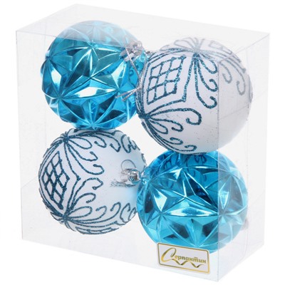 Новогодние шары 7 см (набор 4 шт) "Симфония леса", голубой/белый