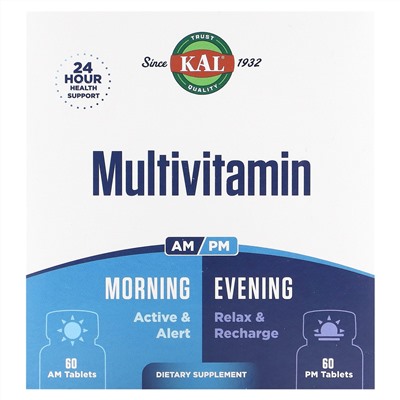 KAL, Мультивитамины, для приема утром и вечером, 2 пакетика, 60 таблеток в каждой