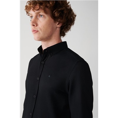 Черная рубашка с воротником на пуговицах, текстурированный хлопок, приталенный крой