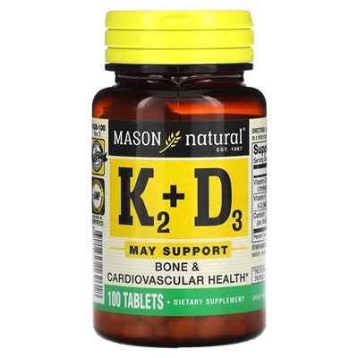 Mason Natural, витаминыК2 и D3, 100мкг, 100таблеток