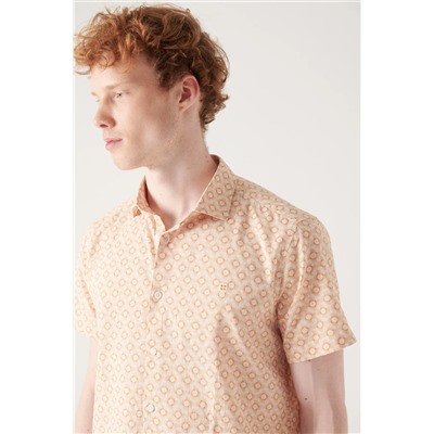 Мужская оранжевая хлопковая рубашка с коротким рукавом с геометрическим принтом A21y2095