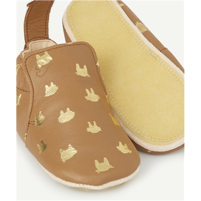 EASY PEASY
CHAUSSONS EN CUIR CAMEL IMPRIMÉ CHATS DORÉS