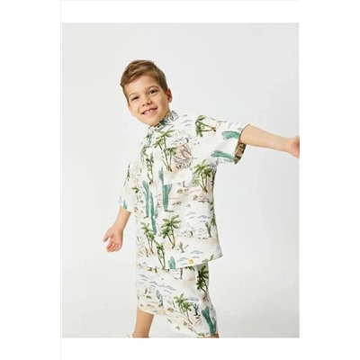 Льняная рубашка для мальчиков с коротким рукавом и одним карманом с рисунком кактуса KTNEC.00857