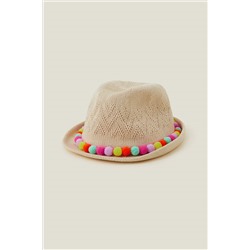 Angels By Accessorize Girls Natural Pom-Pom Packable Trilby Hat