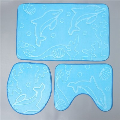 Набор ковриков для ванной и туалета Доляна «Дельфины», 3 шт, 39×43 см, 40×50 см, 50×80 см, цвет МИКС