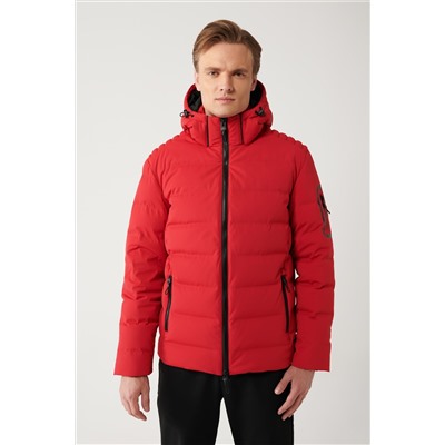 Красная куртка-пуховик с гусиным пухом, водоотталкивающая, ветрозащитная, с термометром, со съемным капюшоном, удобная посадка