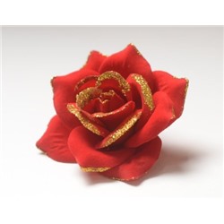 Искусственные цветы, Голова розы бархатная с золотым кантом для ветки, венка красный