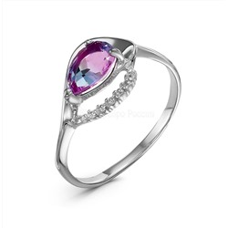 Кольцо из серебра с плавленым кварцем цвета розово-синий турмалин и фианитами родированное