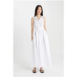 Белое платье макси без рукавов из поплина с рубашечным воротником