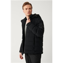 Черная куртка-пуховик с гусиным пухом, водоотталкивающая, ветрозащитная, с термометром, со съемным капюшоном, удобная посадка