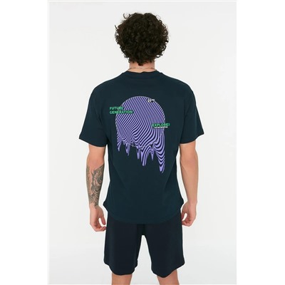 Темно-синяя непринужденная/удобная футболка с укороченной спиной и принтом из 100% хлопка TMNSS20TS0990