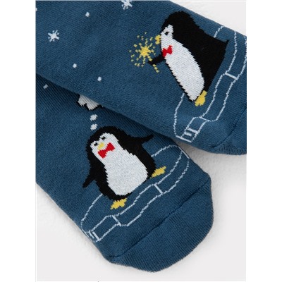 Носки детские плюшевые синие с рисунком в виде пингвинов