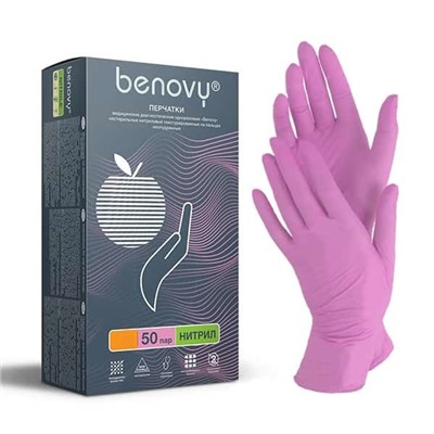 Перчатки смотровые Benovy (Бинови) р-р М нитрил, розовые нестер. неопудр. текстурир. на пальцах №1 (50) (500)