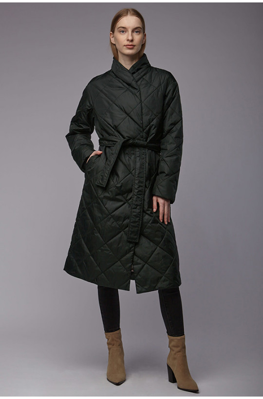 Женское стеганое пальто с поясом Plaxa RA10630, цвет тёмно-зелёный ...