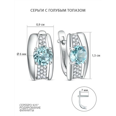 Серьги из серебра c голубым топазом и фианитами родированные 925 пробы 04-202-0434-06