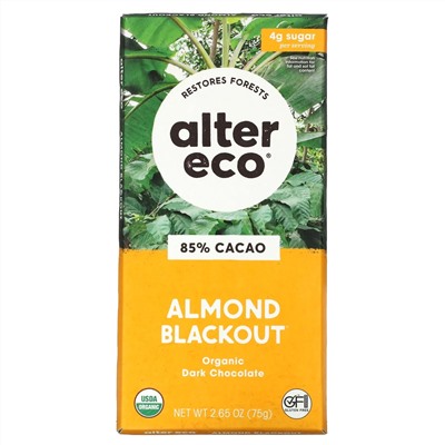 Alter Eco, органический темный шоколад, миндаль, 85% какао, 75 г (2,65 унции)