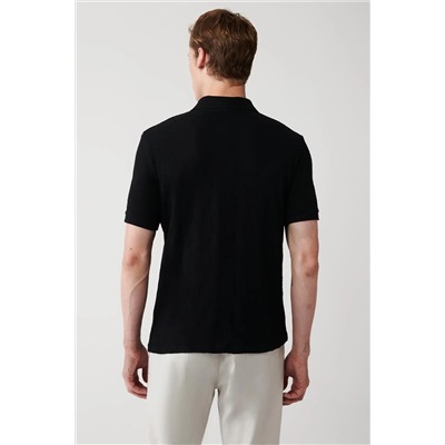 Черная футболка с воротником поло, 100% хлопок, 3 пуговицы в рубчик, стандартная посадка