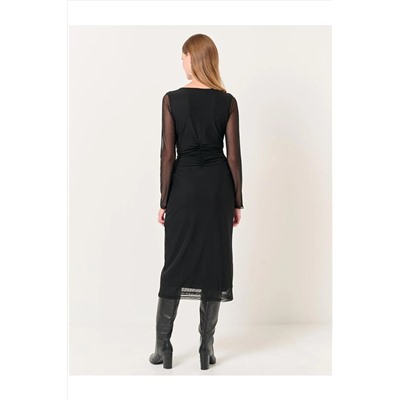 Черное элегантное сетчатое платье миди с круглым вырезом и длинными рукавами