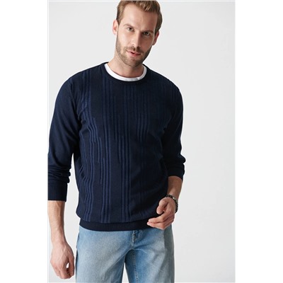 Мужской темно-синий жаккардовый свитер с круглым вырезом A12y5006
